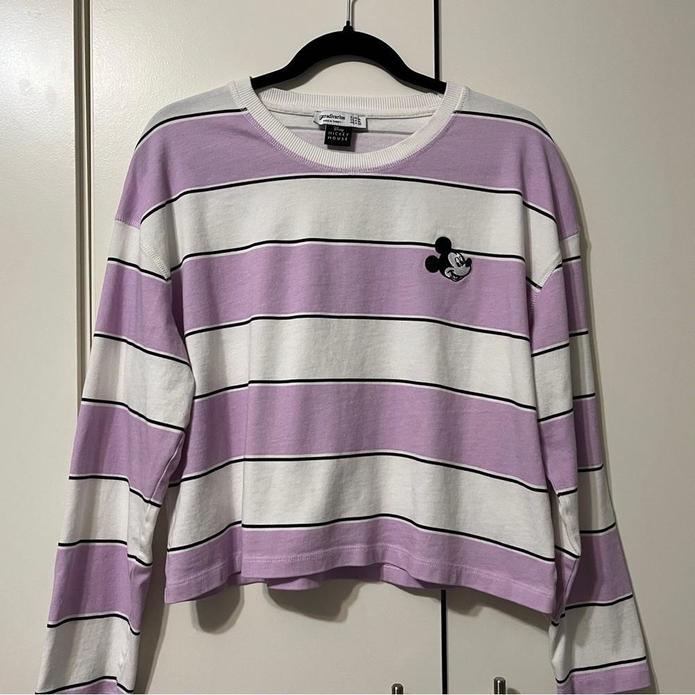 Stradivarius Lavender & White Striped Mickey Mouse Cropped Top